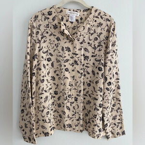 JONES New  York 100% Silk Floral Tan Blouse Size 12